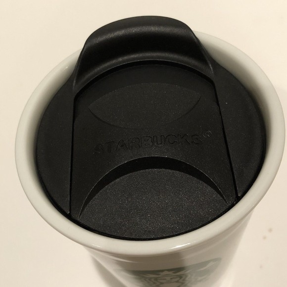 Starbucks Travel Mug 10 Oz White Green Ceramic Cup Lid 2014 - Picture 3 of 6